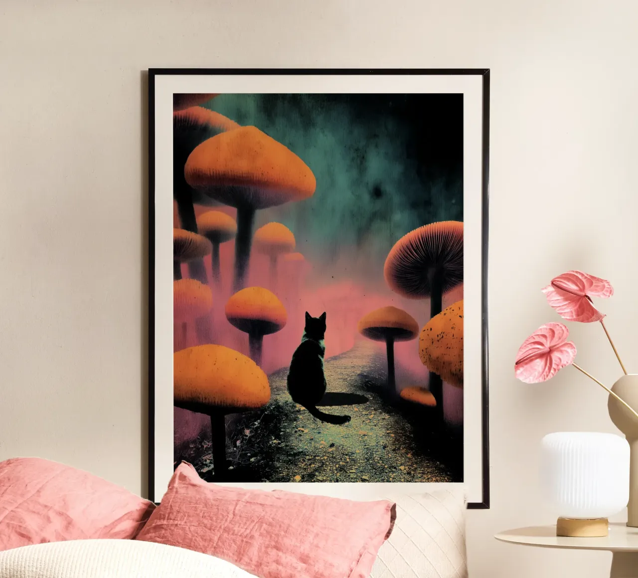 Gatto nero nella mistica foresta di funghi carta hahnemühle da Jana Leonenkov Art