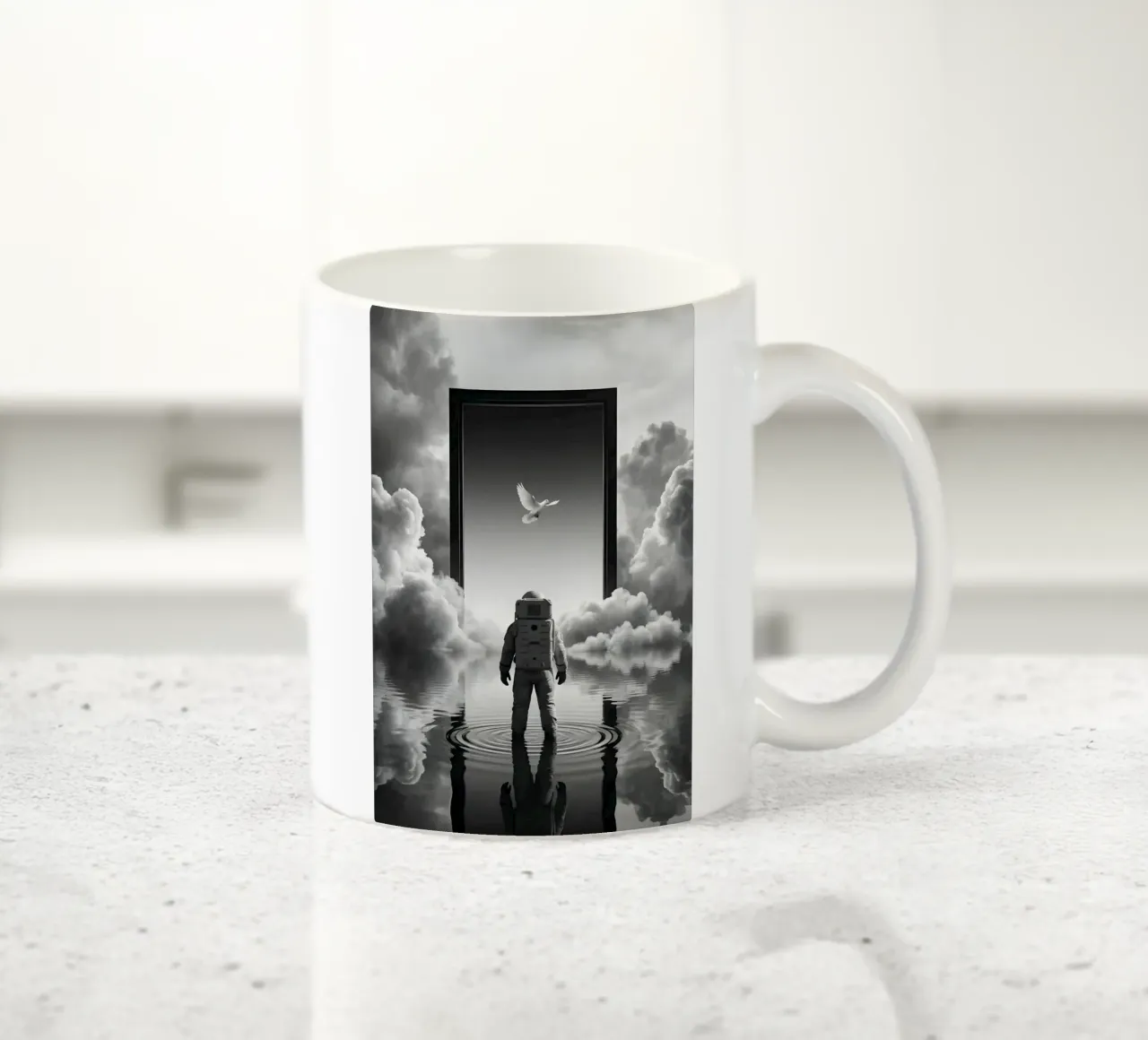 Astronauta al portale con colomba in un paesaggio onirico surreale tazza in ceramica da Cosmic Reverie Studio