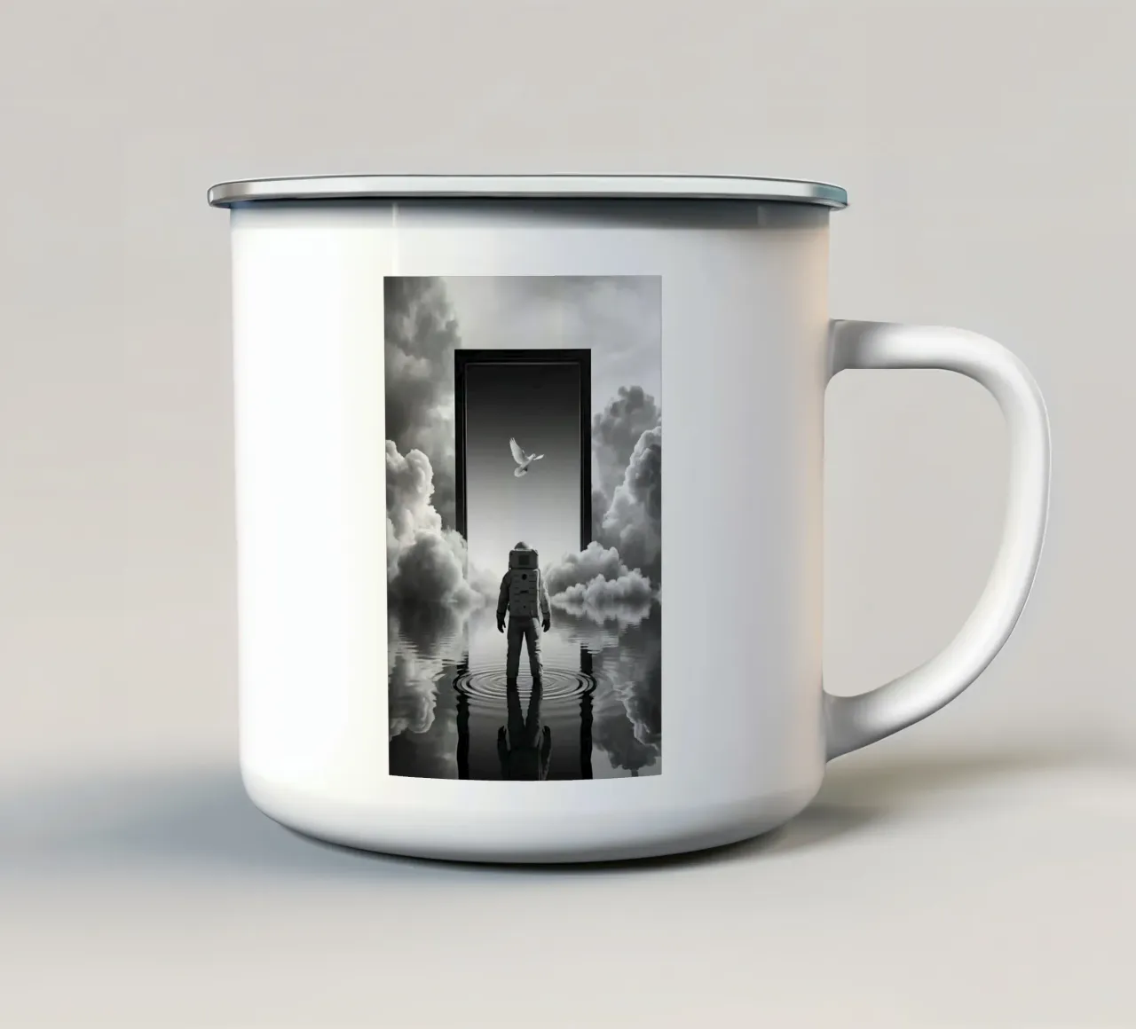 Astronauta al portale con colomba in un paesaggio onirico surreale tazza in smalto da Cosmic Reverie Studio
