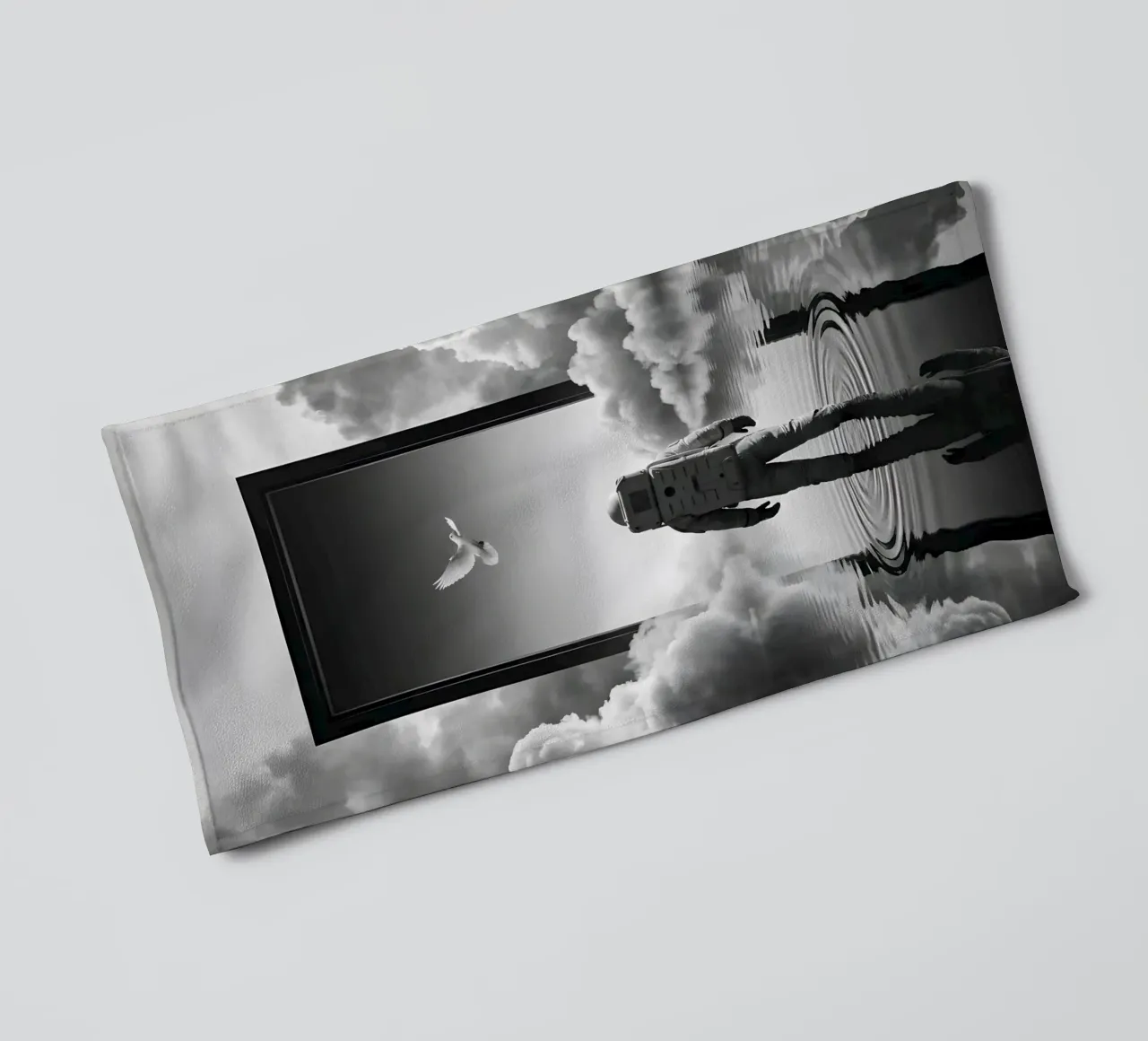 Astronaut at Portal with Dove in Surreal Dreamscape towel by Cosmic Reverie Studio
