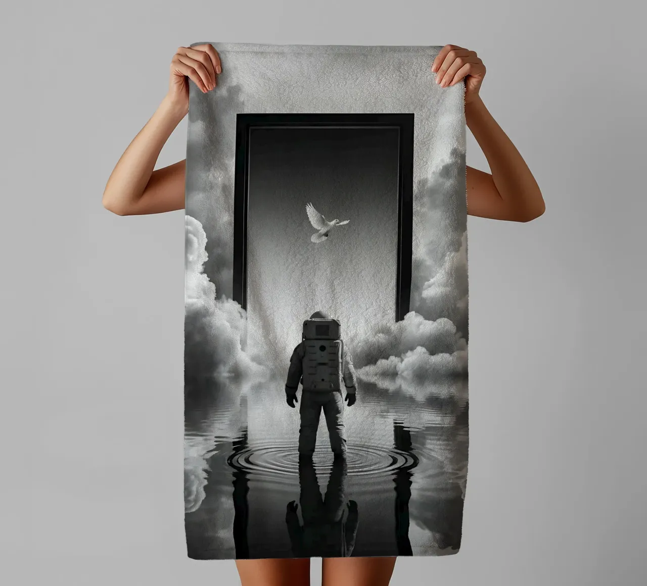 Astronaut at Portal with Dove in Surreal Dreamscape towel by Cosmic Reverie Studio