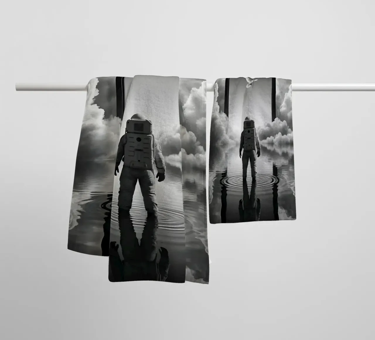 Astronaut at Portal with Dove in Surreal Dreamscape towel by Cosmic Reverie Studio