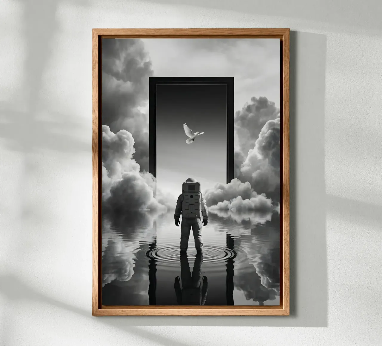 Astronaut at Portal with Dove in Surreal Dreamscape canvas by Cosmic Reverie Studio