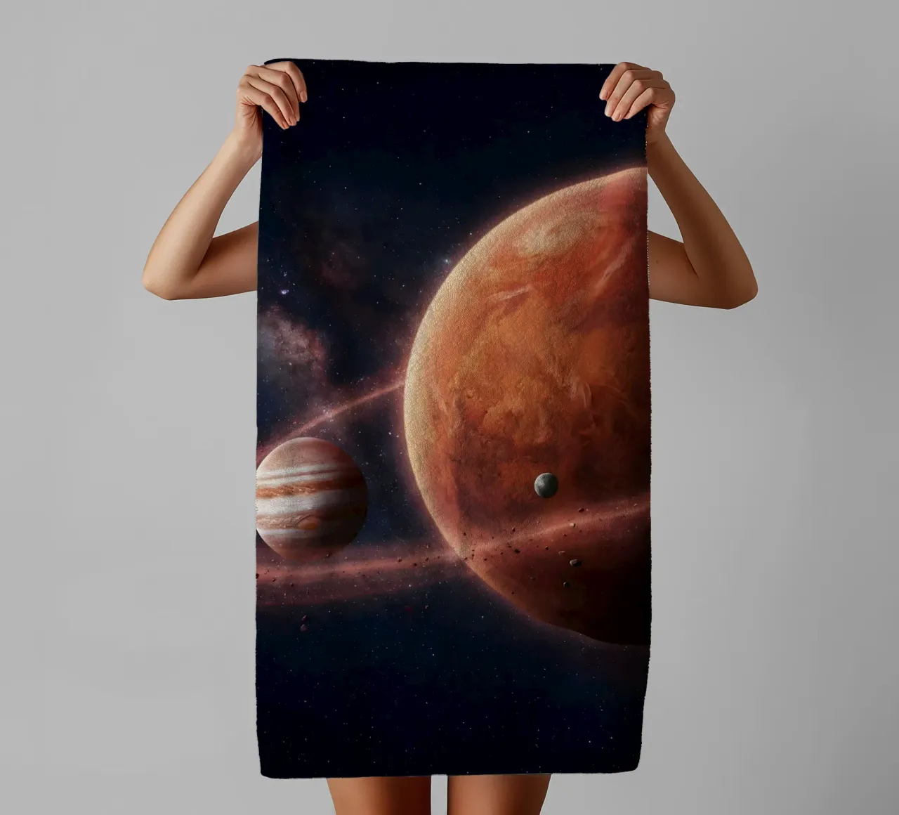 Epic Planetary Alignment in Deep Space Art towel by Cosmic Reverie Studio