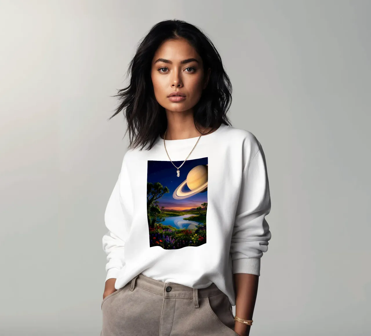 Paesaggio onirico di Saturno su un magico paesaggio lacustre floreale felpa da Cosmic Reverie Studio