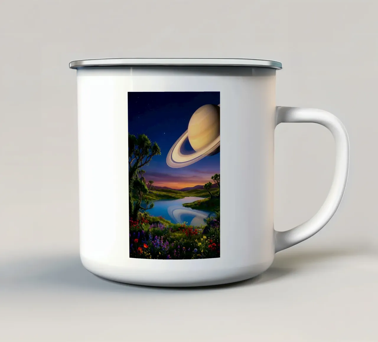 Paesaggio onirico di Saturno su un magico paesaggio lacustre floreale tazza in smalto da Cosmic Reverie Studio