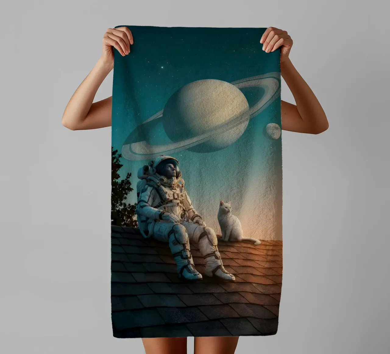 Cosmic Dreamer: Astronaut and Cat Under Saturn Sky towel by Cosmic Reverie Studio