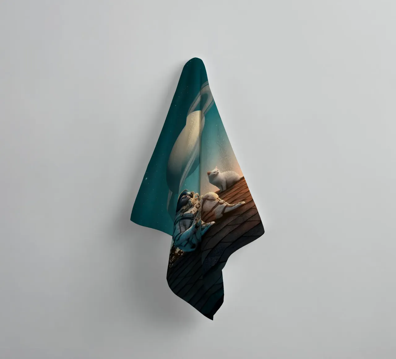 Cosmic Dreamer: Astronaut and Cat Under Saturn Sky towel by Cosmic Reverie Studio