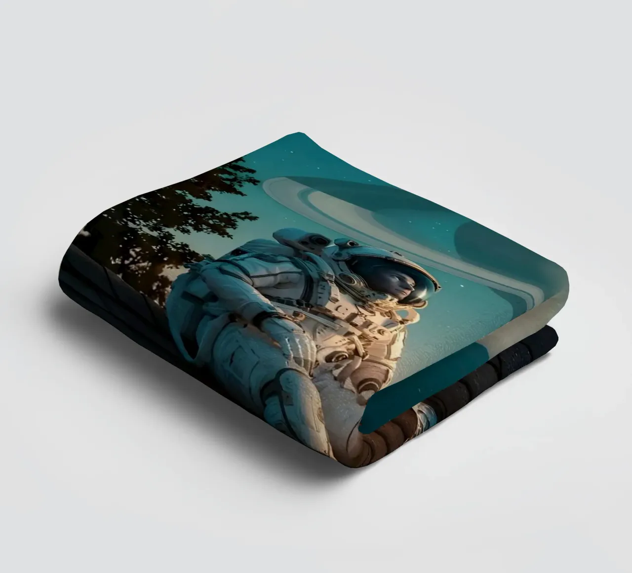 Cosmic Dreamer: Astronaut and Cat Under Saturn Sky towel by Cosmic Reverie Studio