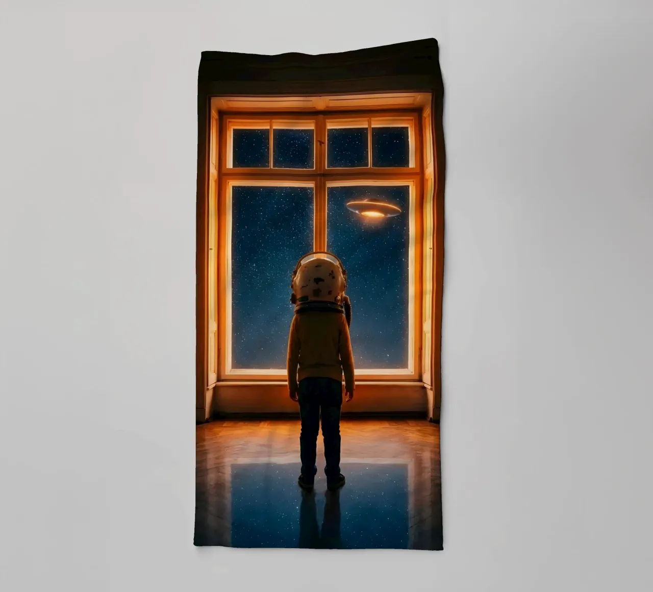 Wonder of the Unknown: Kid Astronaut and UFO Window Art towel by Cosmic Reverie Studio