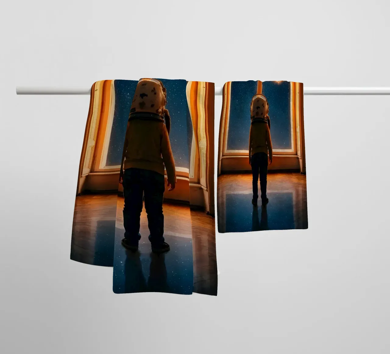 Wonder of the Unknown: Kid Astronaut and UFO Window Art towel by Cosmic Reverie Studio