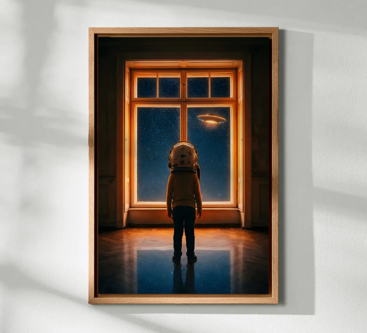 Wonder of the Unknown: Kid Astronaut and UFO Window Art canvas by Cosmic Reverie Studio