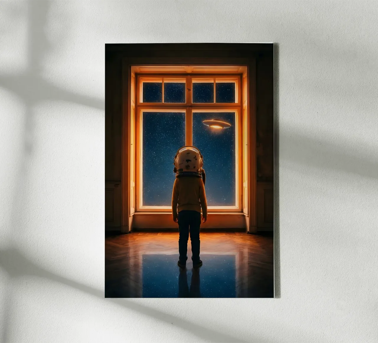 Wonder of the Unknown: Kid Astronaut and UFO Window Art canvas by Cosmic Reverie Studio