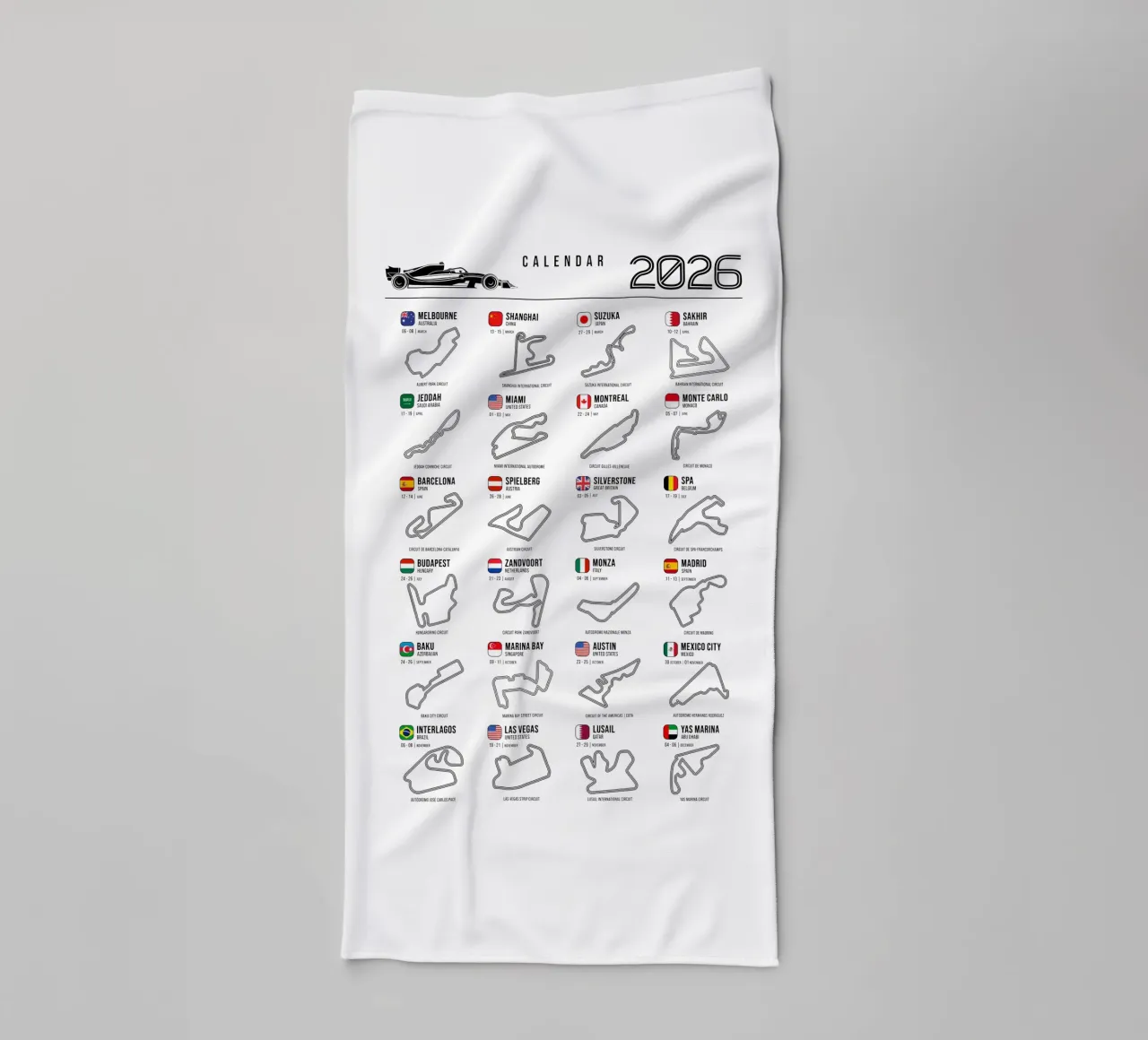 Programma Auto da corsa di Formula 2026 asciugamano da bagno da Mariel Toigo