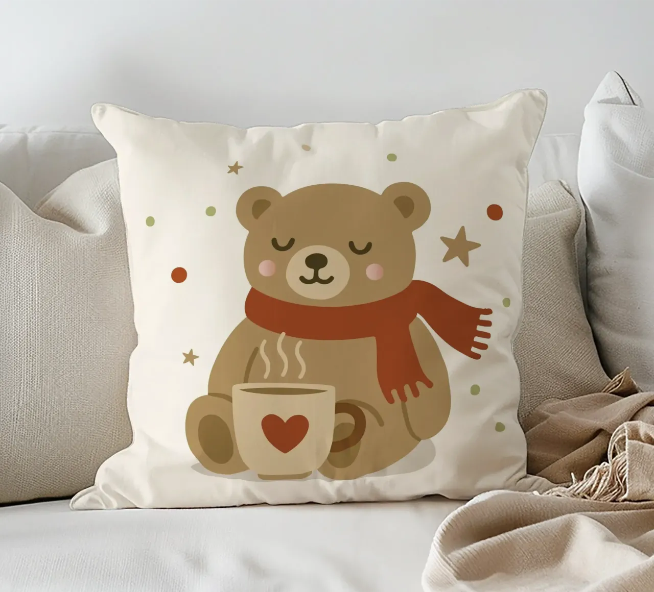 Simpatico orso in inverno con sciarpa e tazza calda cuscino da NA/MO