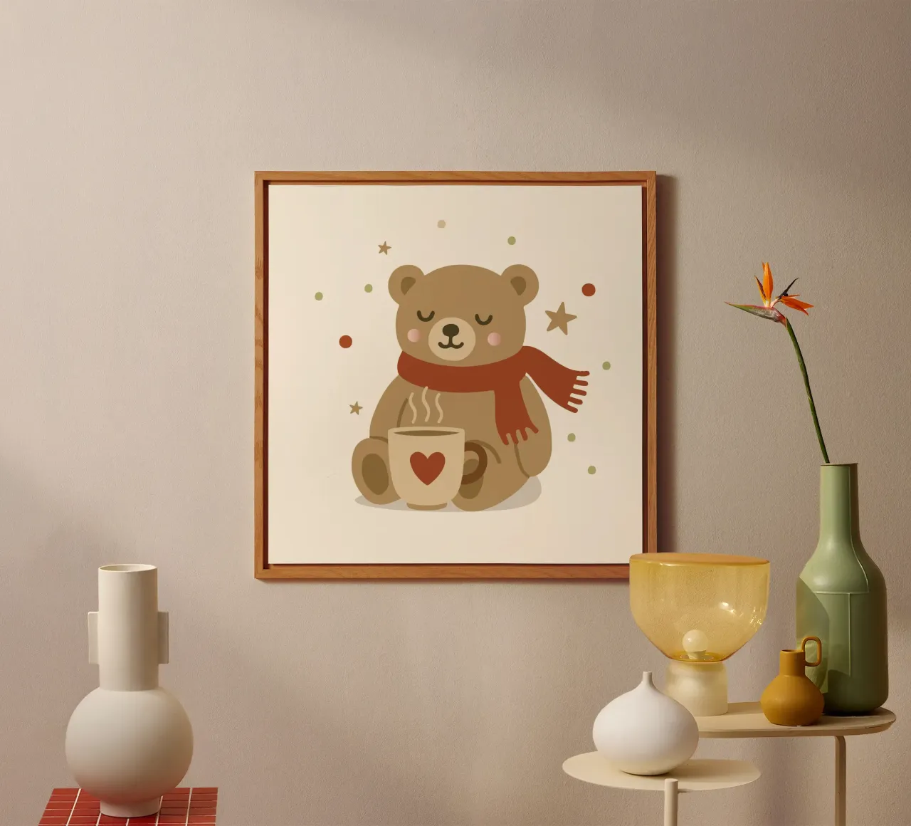 Simpatico orso in inverno con sciarpa e tazza calda alluminio dibond da NA/MO