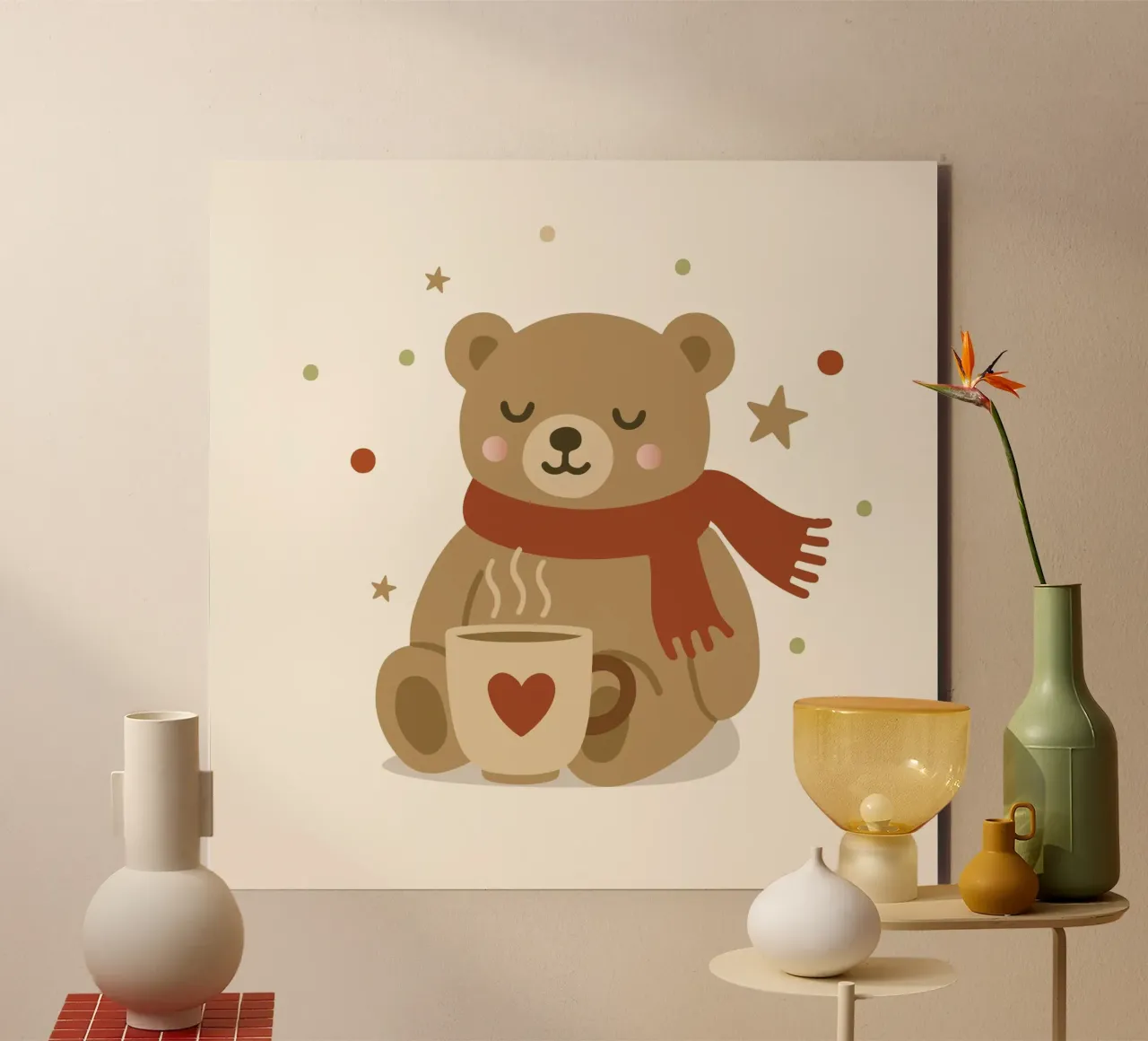 Simpatico orso in inverno con sciarpa e tazza calda alluminio dibond da NA/MO