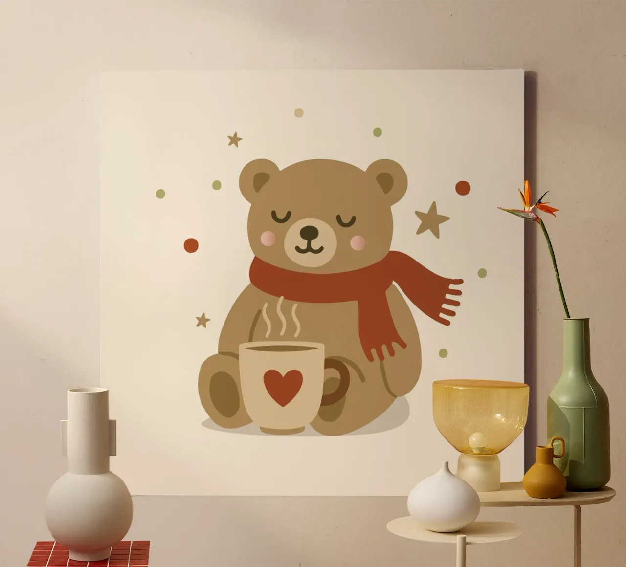 Simpatico orso in inverno con sciarpa e tazza calda tela da NA/MO