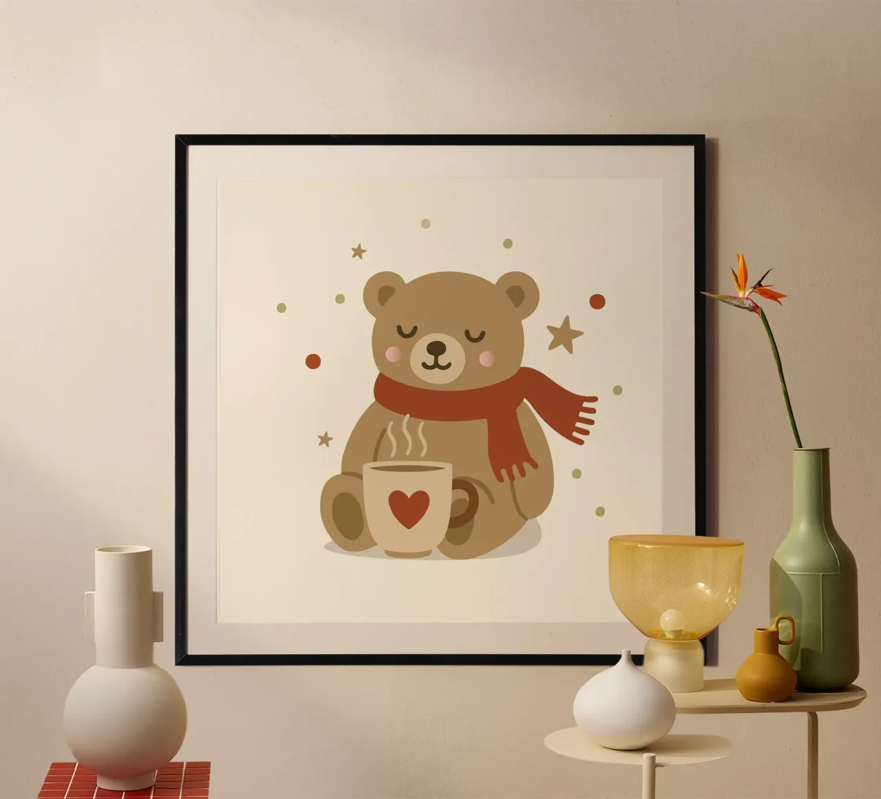 Simpatico orso in inverno con sciarpa e tazza calda carta hahnemühle da NA/MO