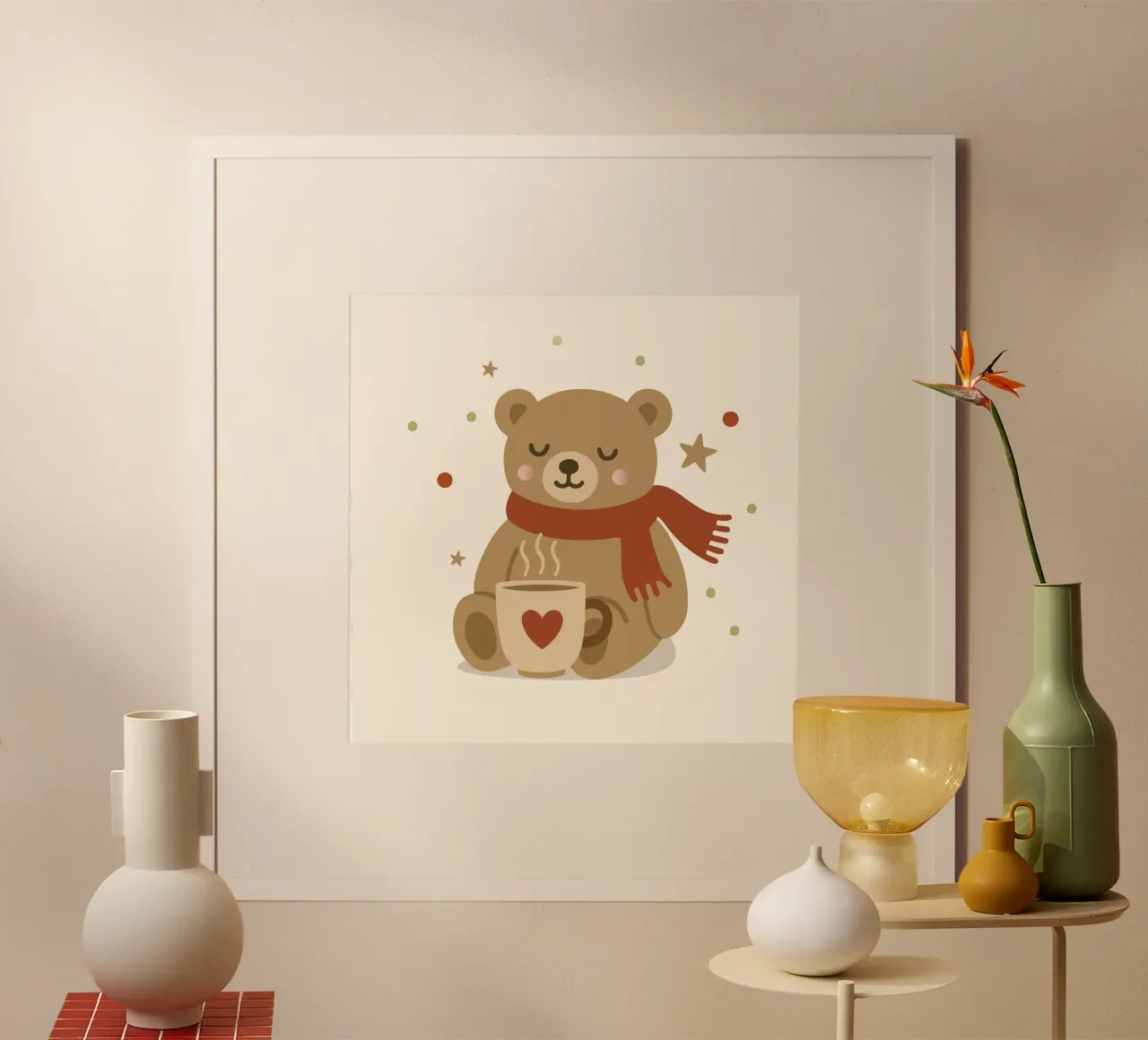 Simpatico orso in inverno con sciarpa e tazza calda carta hahnemühle da NA/MO