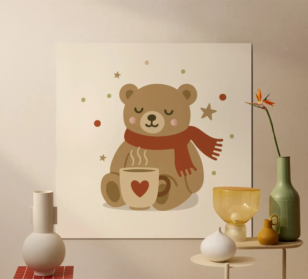 Simpatico orso in inverno con sciarpa e tazza calda carta hahnemühle da NA/MO