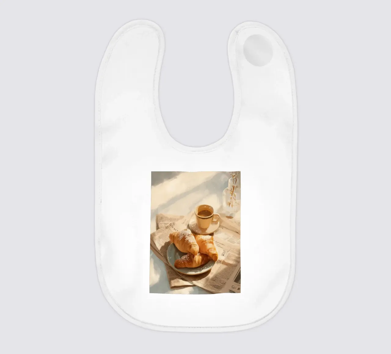 Croissant freschi e caffè in un accogliente momento invernale illuminato dal sole bavaglino da Holiday Hearth Prints