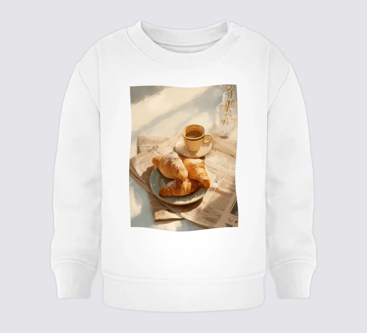 Croissant freschi e caffè in un accogliente momento invernale illuminato dal sole felpa neonato da Holiday Hearth Prints