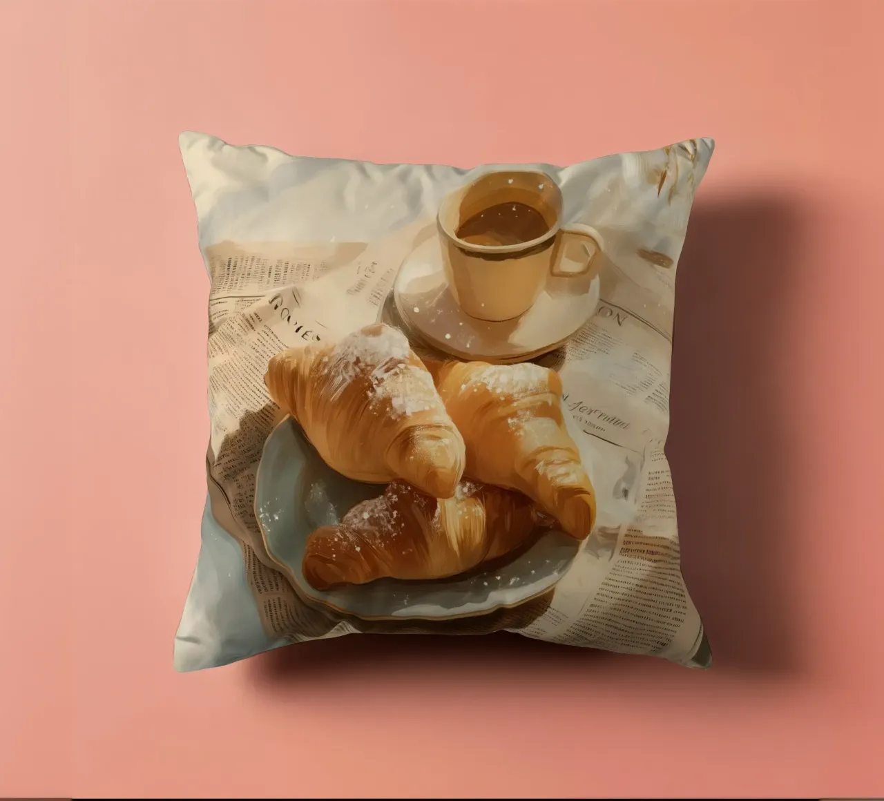 Croissant freschi e caffè in un accogliente momento invernale illuminato dal sole cuscino da Holiday Hearth Prints