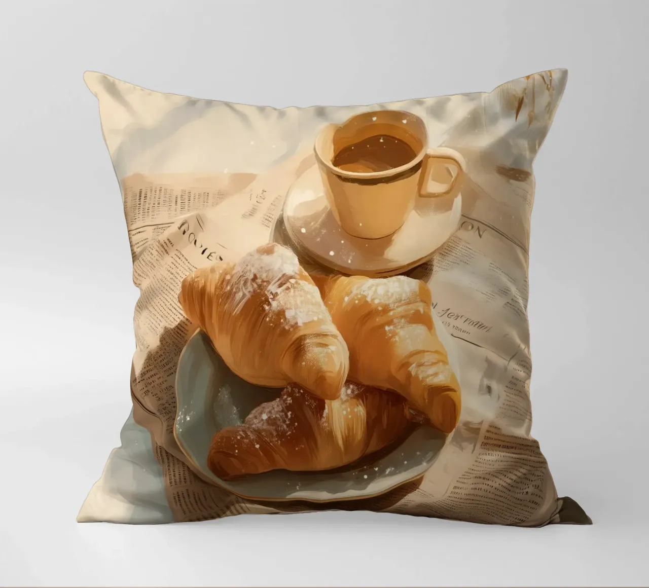 Croissant freschi e caffè in un accogliente momento invernale illuminato dal sole cuscino da Holiday Hearth Prints