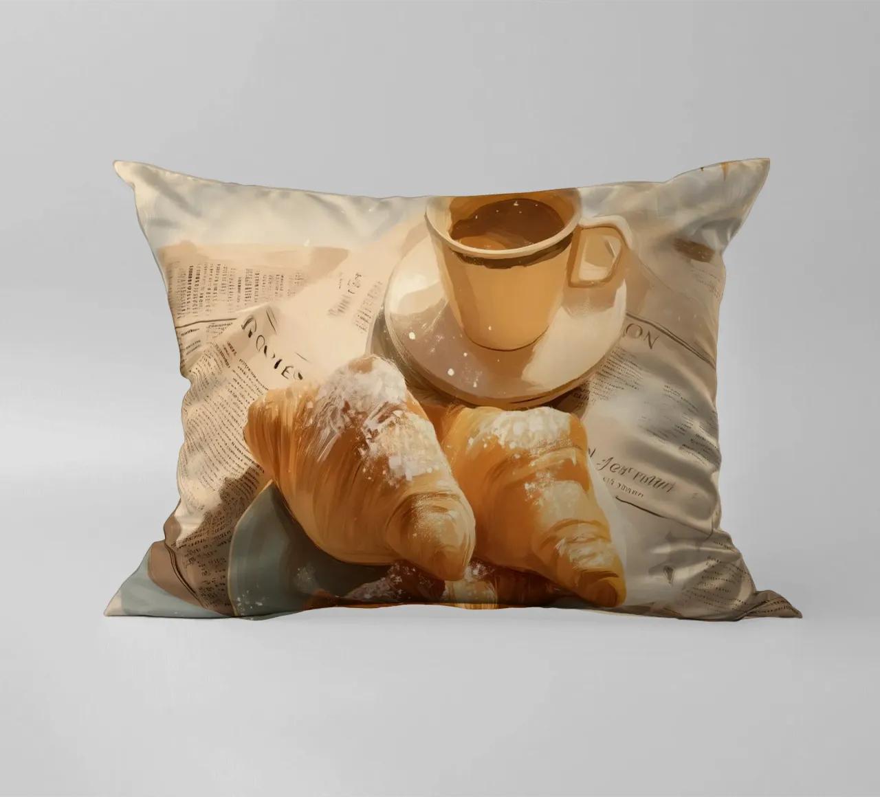 Croissant freschi e caffè in un accogliente momento invernale illuminato dal sole cuscino da Holiday Hearth Prints