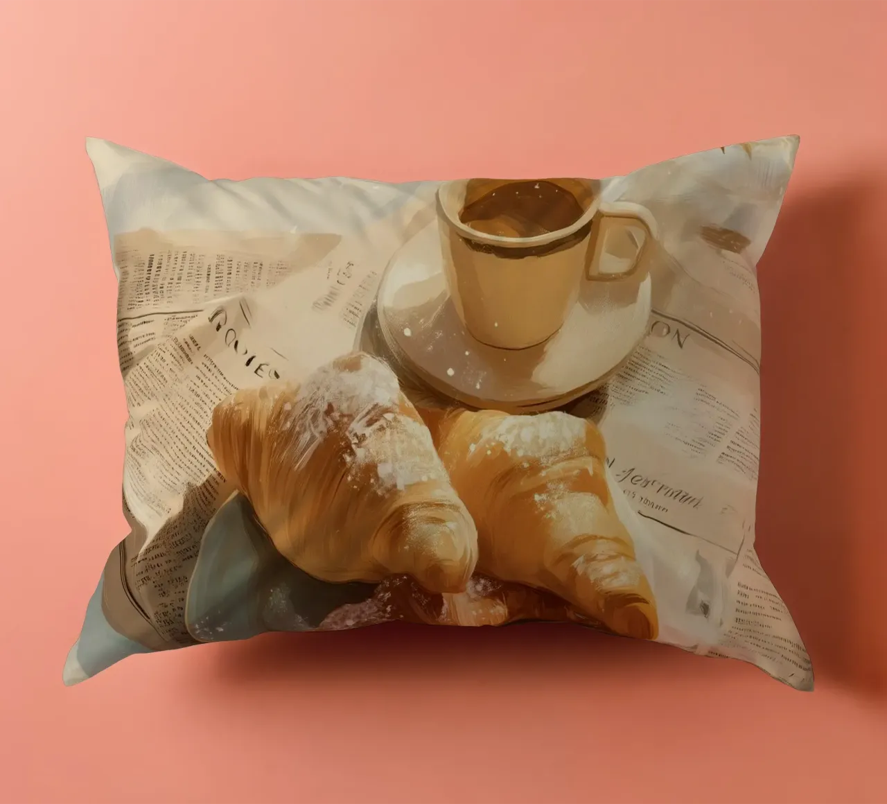 Croissant freschi e caffè in un accogliente momento invernale illuminato dal sole cuscino da Holiday Hearth Prints