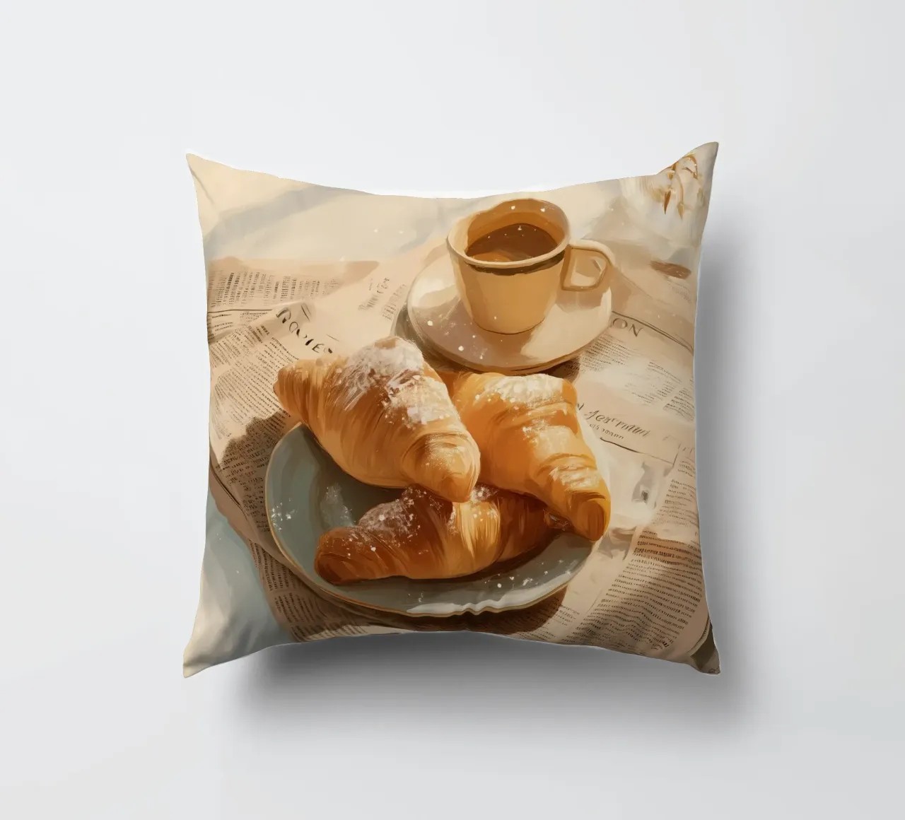 Croissant freschi e caffè in un accogliente momento invernale illuminato dal sole cuscino da Holiday Hearth Prints