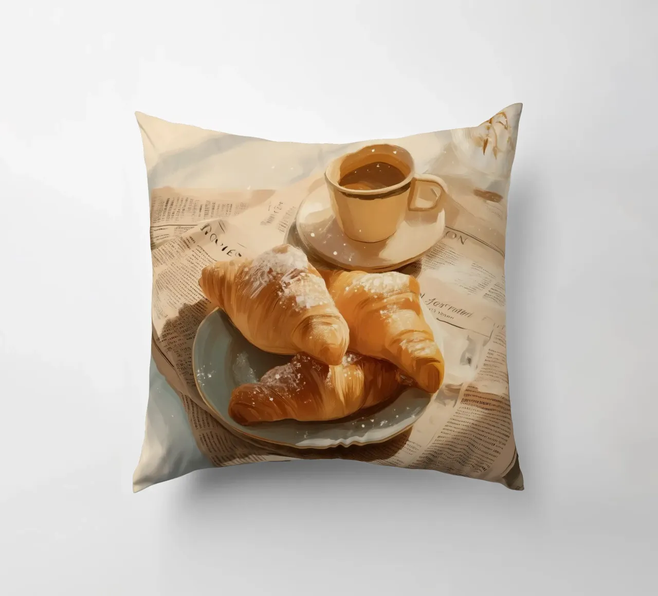 Croissant freschi e caffè in un accogliente momento invernale illuminato dal sole cuscino da Holiday Hearth Prints