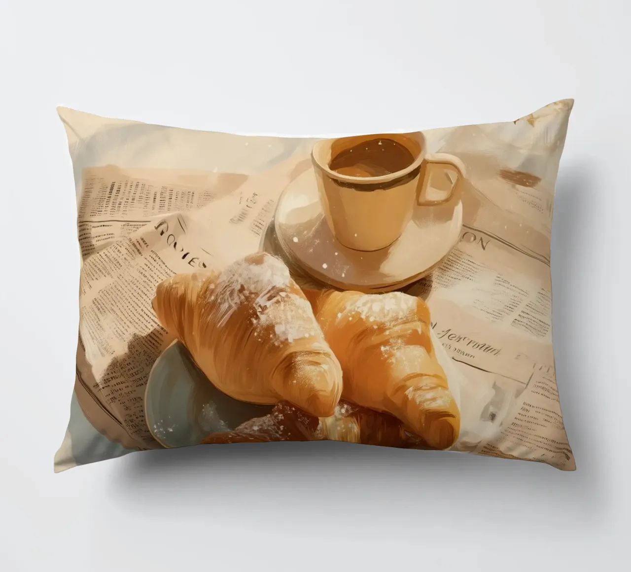 Croissant freschi e caffè in un accogliente momento invernale illuminato dal sole cuscino da Holiday Hearth Prints