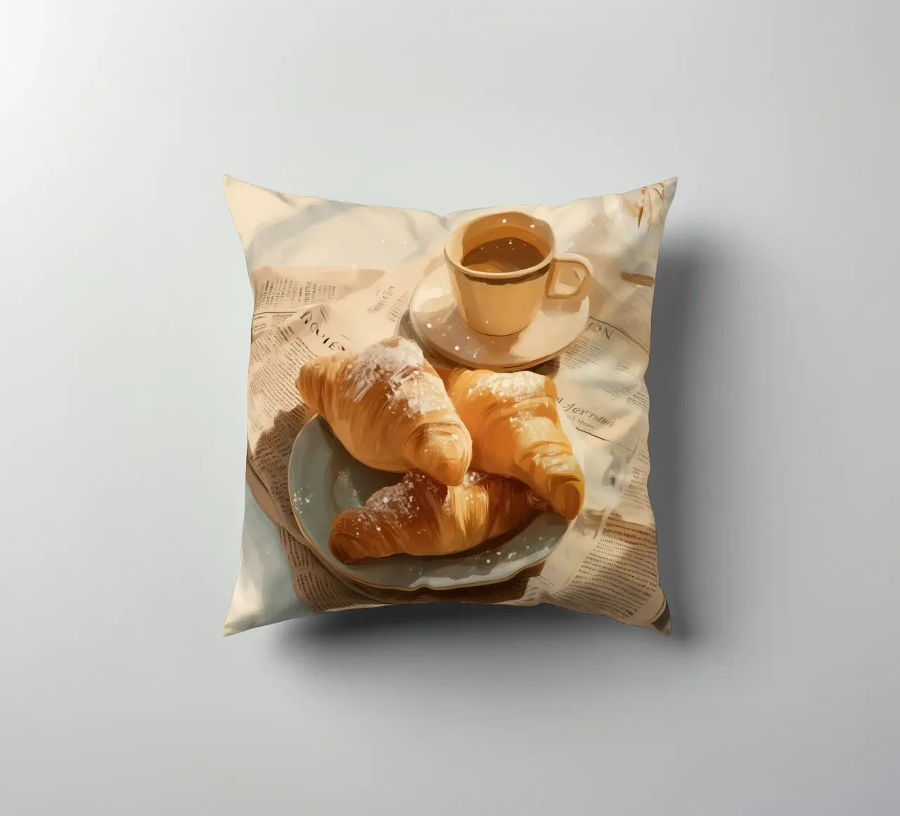 Croissant freschi e caffè in un accogliente momento invernale illuminato dal sole cuscino da Holiday Hearth Prints