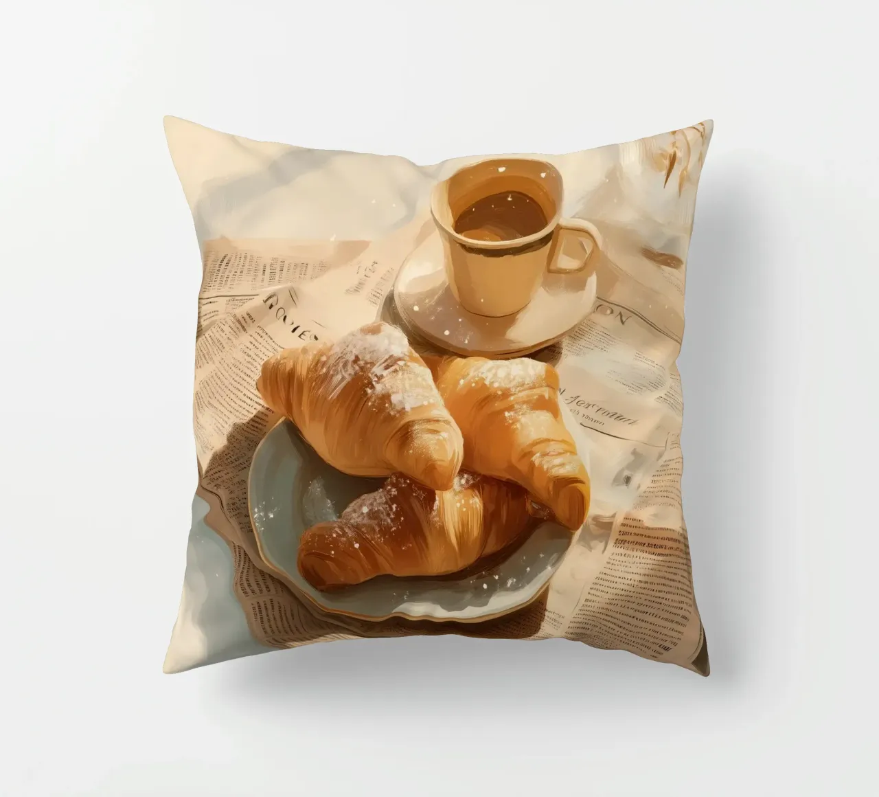 Croissant freschi e caffè in un accogliente momento invernale illuminato dal sole cuscino da Holiday Hearth Prints