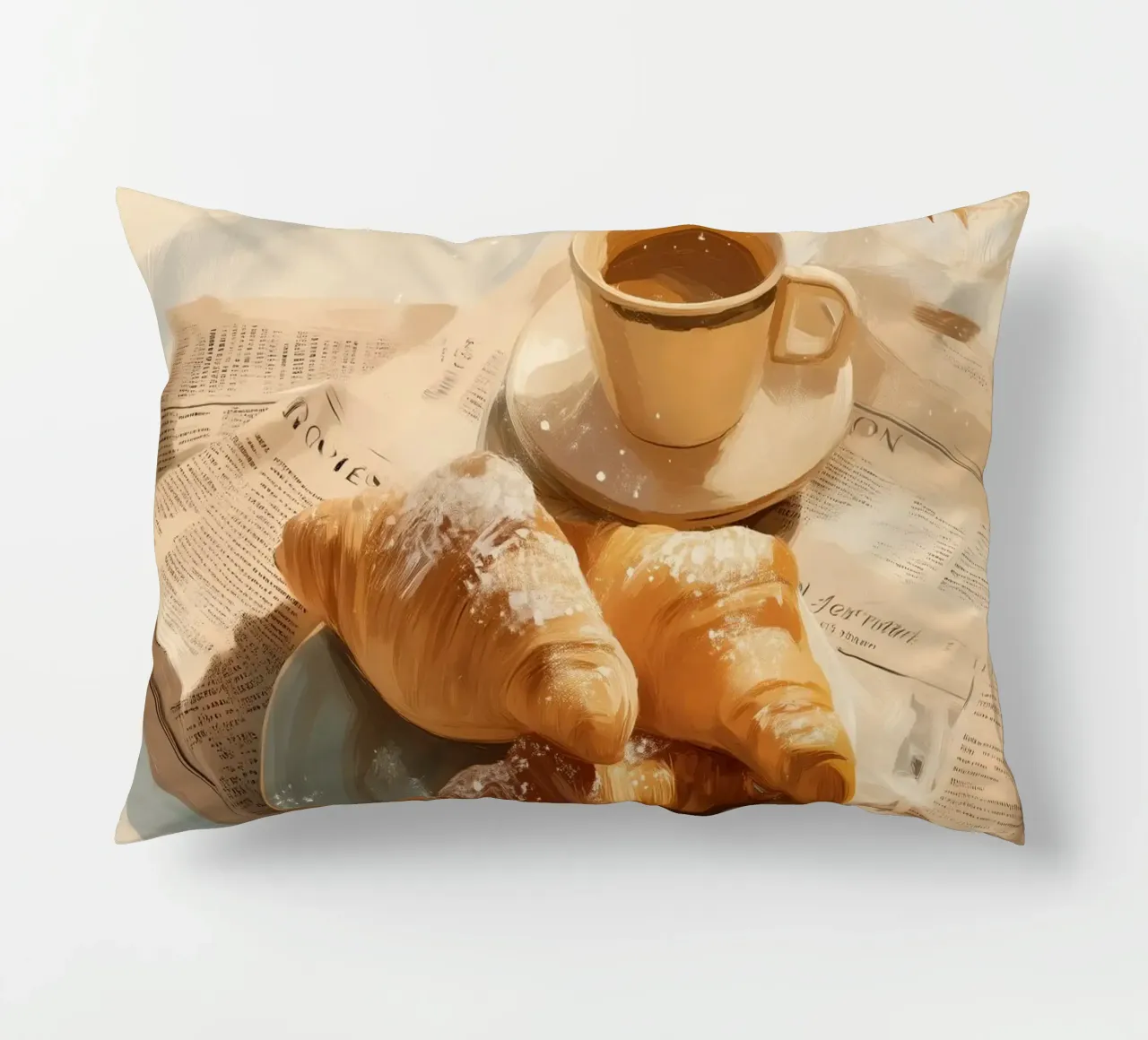 Croissant freschi e caffè in un accogliente momento invernale illuminato dal sole cuscino da Holiday Hearth Prints
