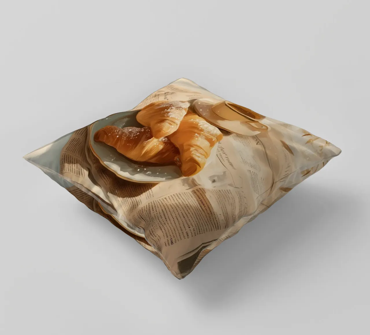 Croissant freschi e caffè in un accogliente momento invernale illuminato dal sole cuscino da Holiday Hearth Prints