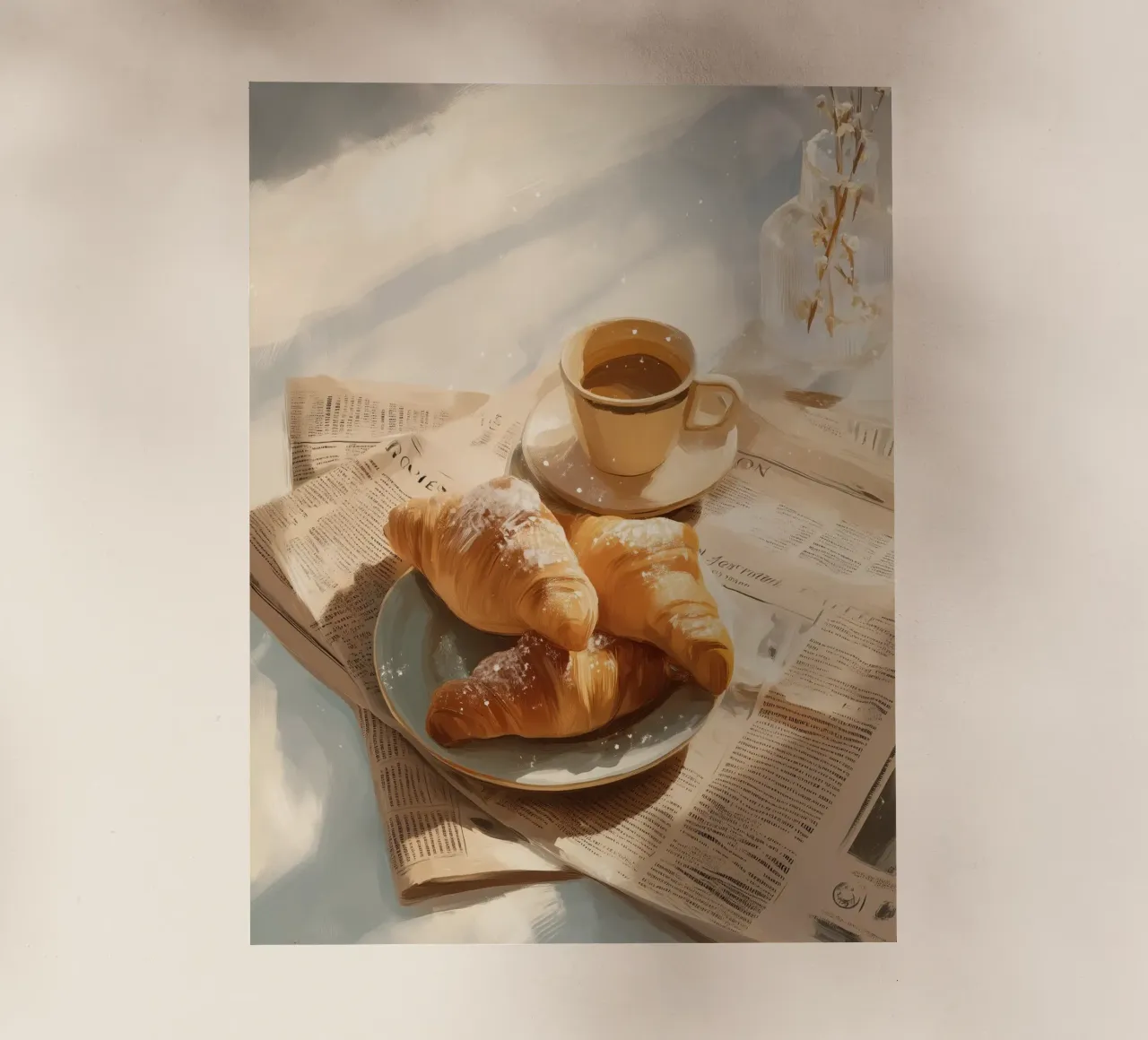 Croissant freschi e caffè in un accogliente momento invernale illuminato dal sole pellicola backlit da Holiday Hearth Prints