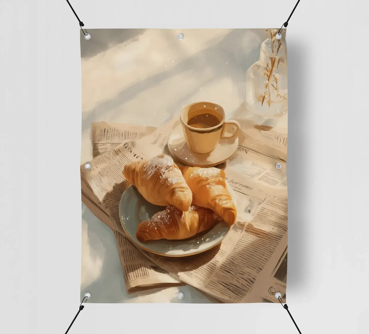Croissant freschi e caffè in un accogliente momento invernale illuminato dal sole telo in pvc da Holiday Hearth Prints