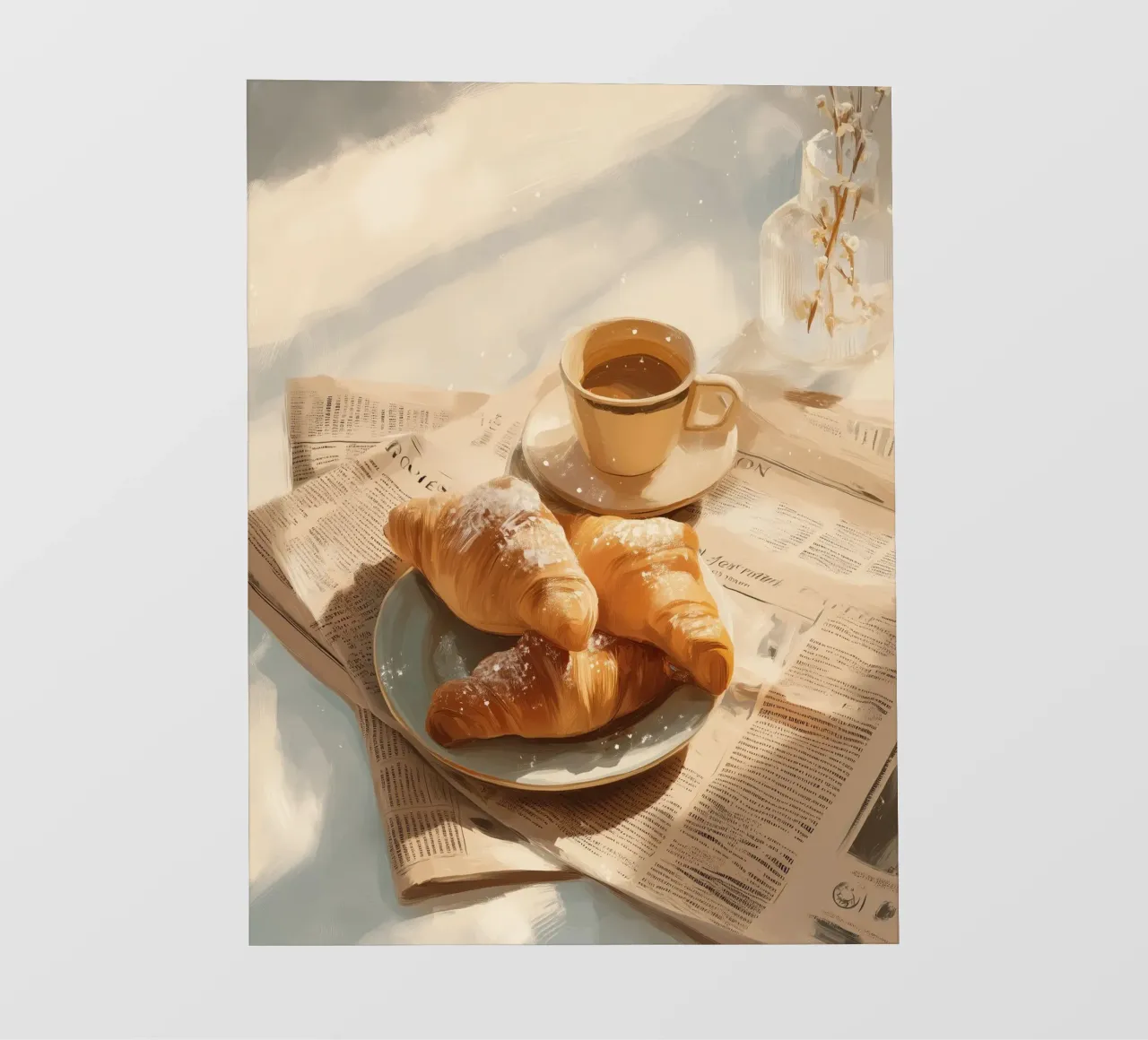Croissant freschi e caffè in un accogliente momento invernale illuminato dal sole telo in pvc da Holiday Hearth Prints