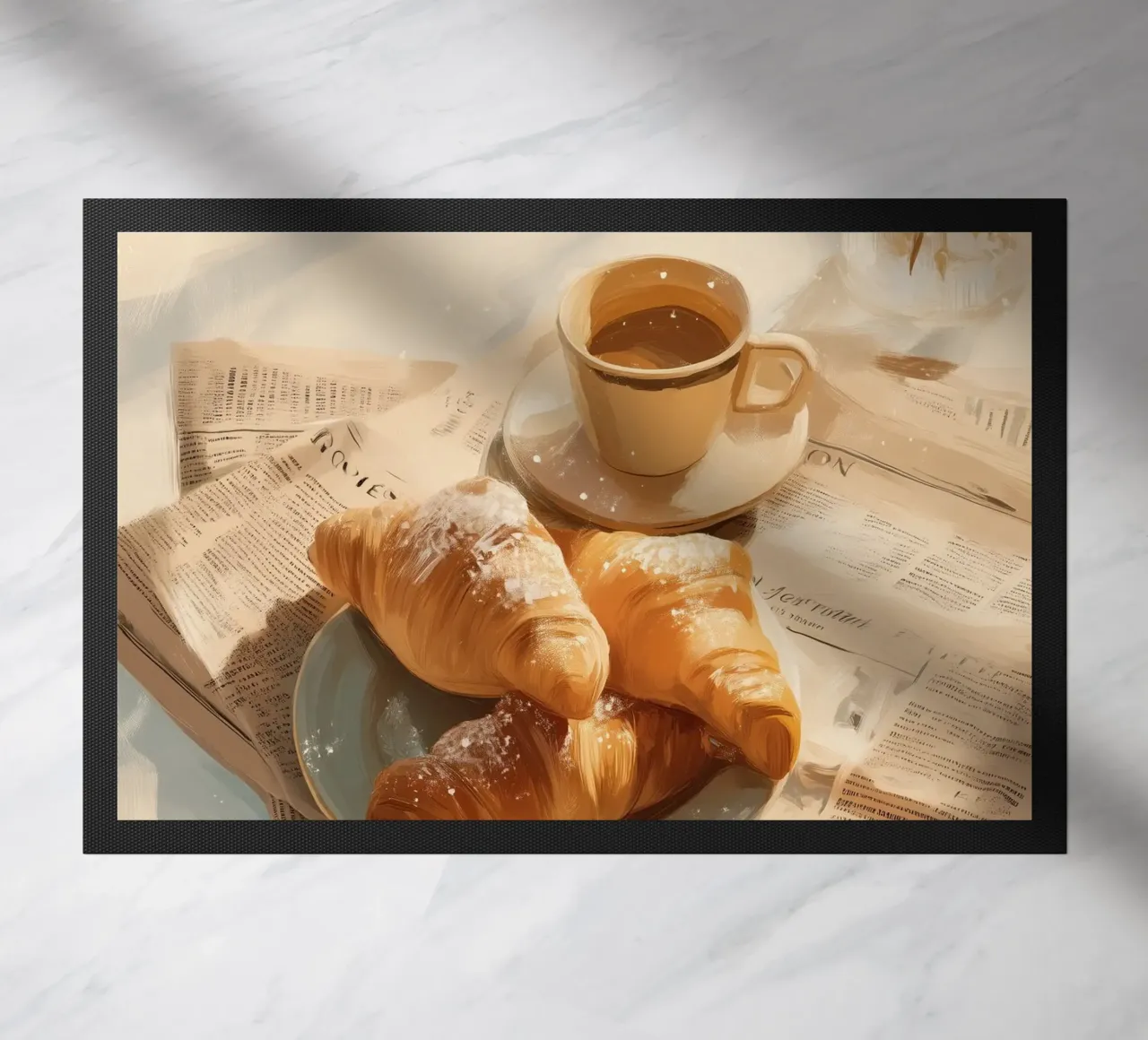 Croissant freschi e caffè in un accogliente momento invernale illuminato dal sole zerbino da Holiday Hearth Prints
