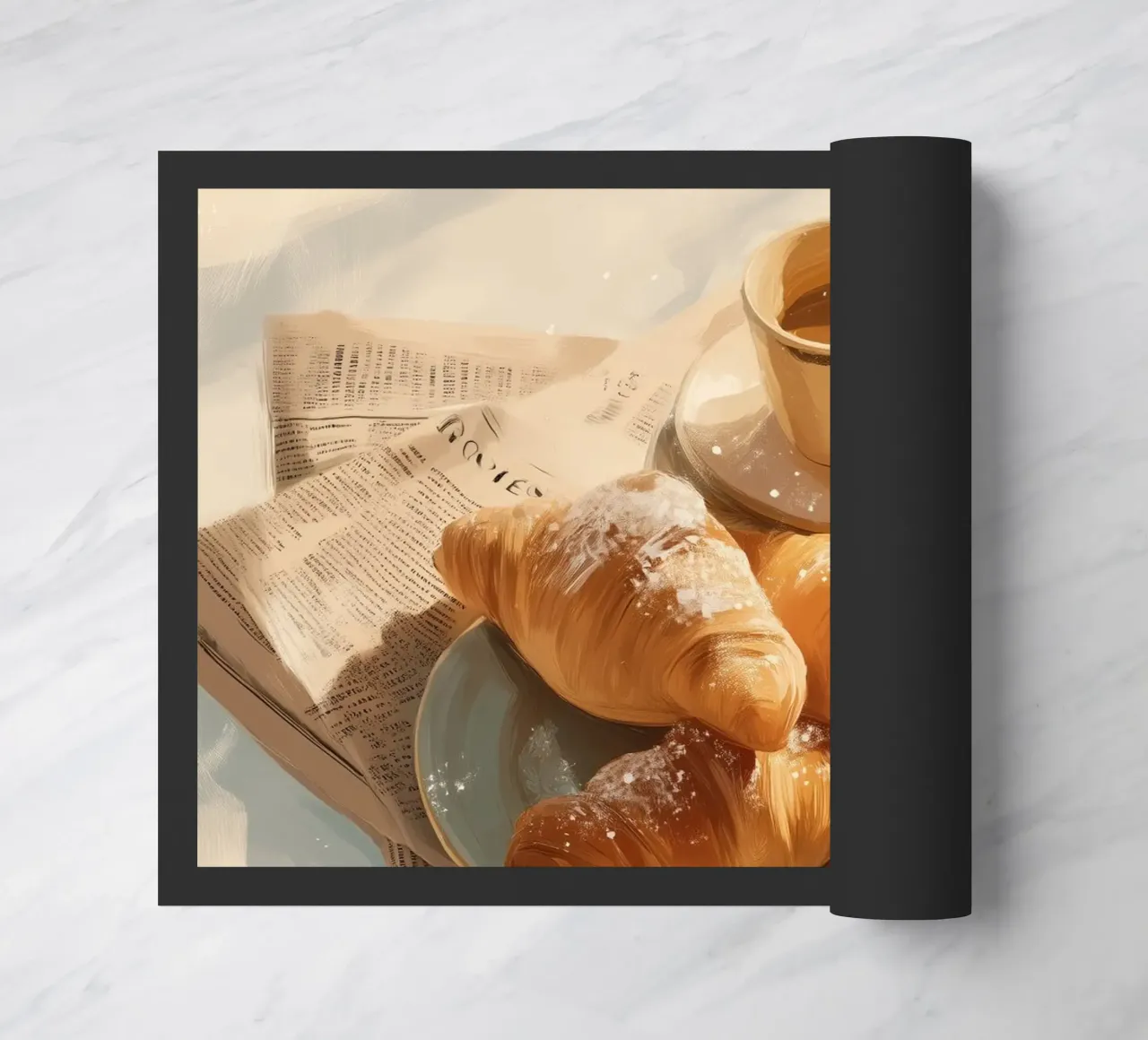 Croissant freschi e caffè in un accogliente momento invernale illuminato dal sole zerbino da Holiday Hearth Prints