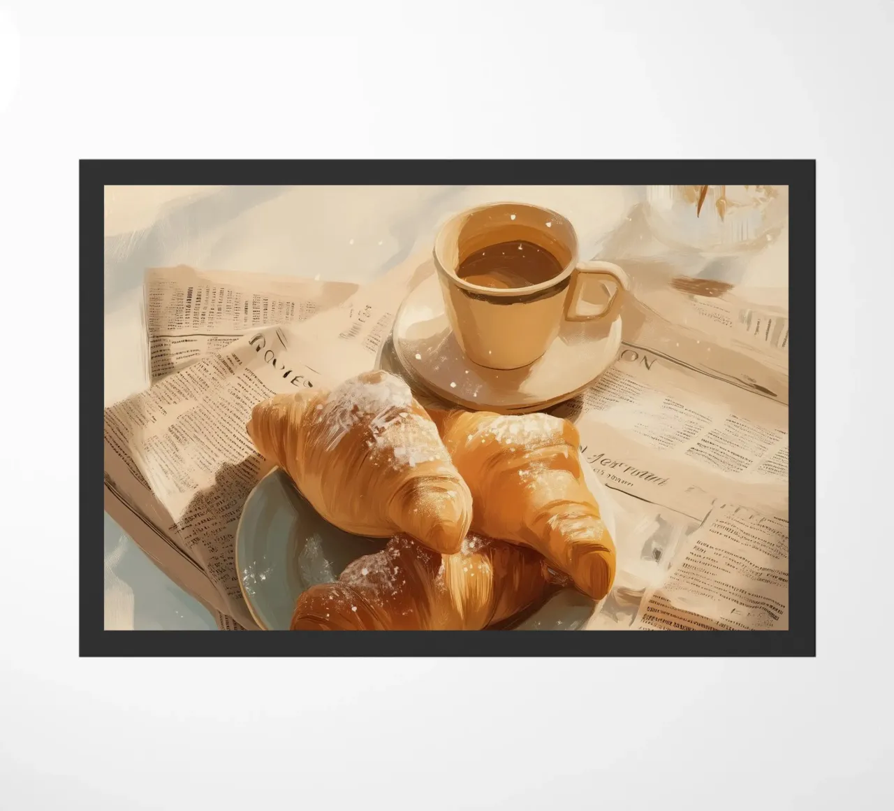 Croissant freschi e caffè in un accogliente momento invernale illuminato dal sole zerbino da Holiday Hearth Prints