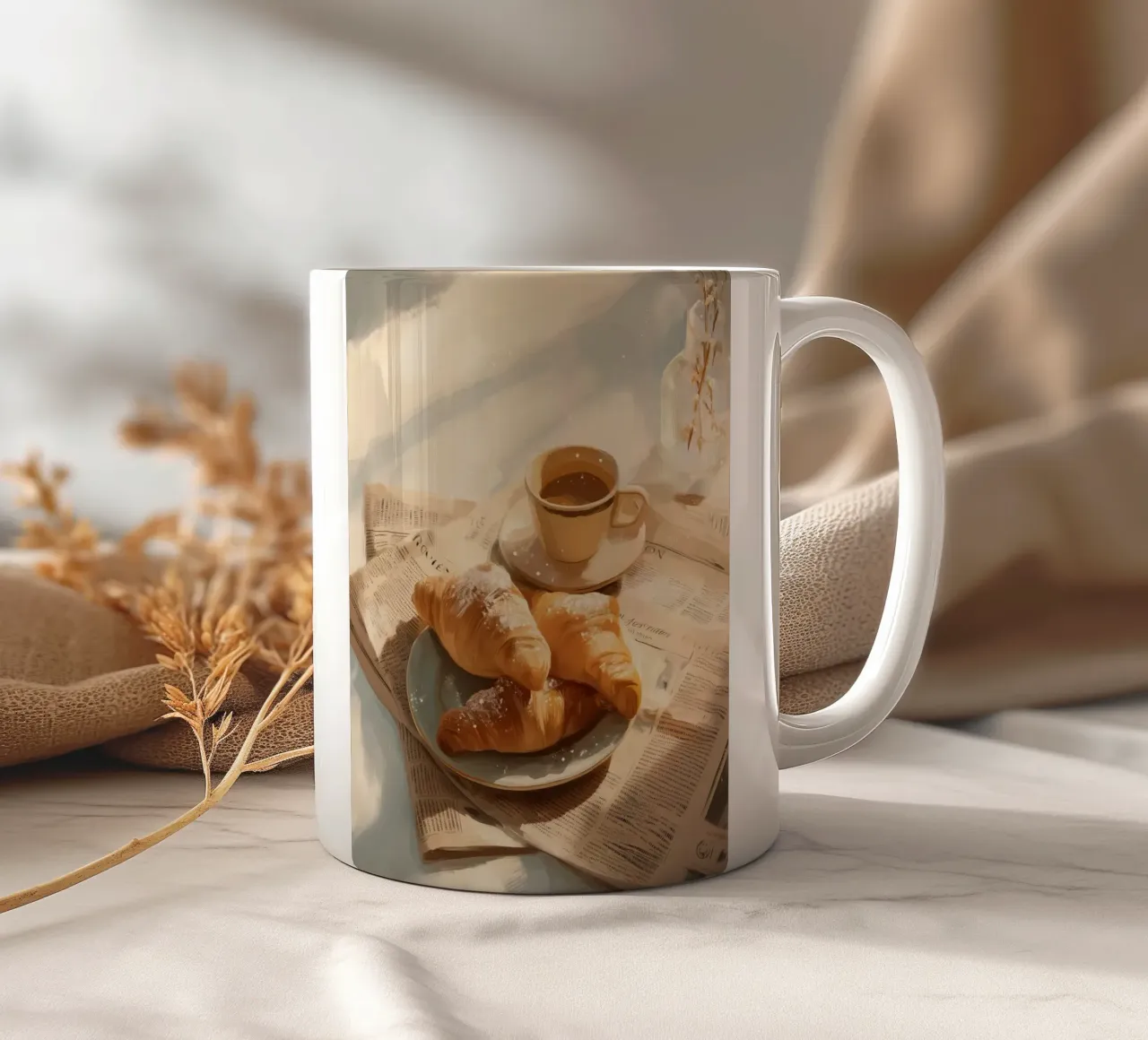 Croissant freschi e caffè in un accogliente momento invernale illuminato dal sole tazza in ceramica da Holiday Hearth Prints