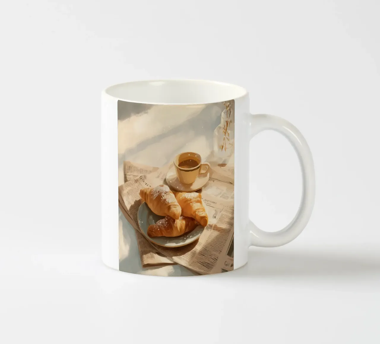 Croissant freschi e caffè in un accogliente momento invernale illuminato dal sole tazza in ceramica da Holiday Hearth Prints