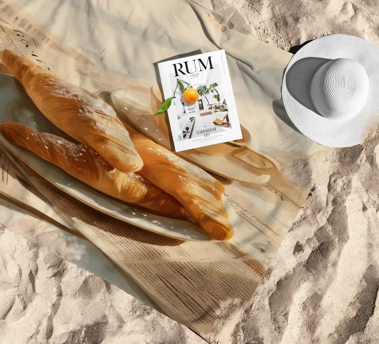 Croissant freschi e caffè in un accogliente momento invernale illuminato dal sole telo mare da Holiday Hearth Prints