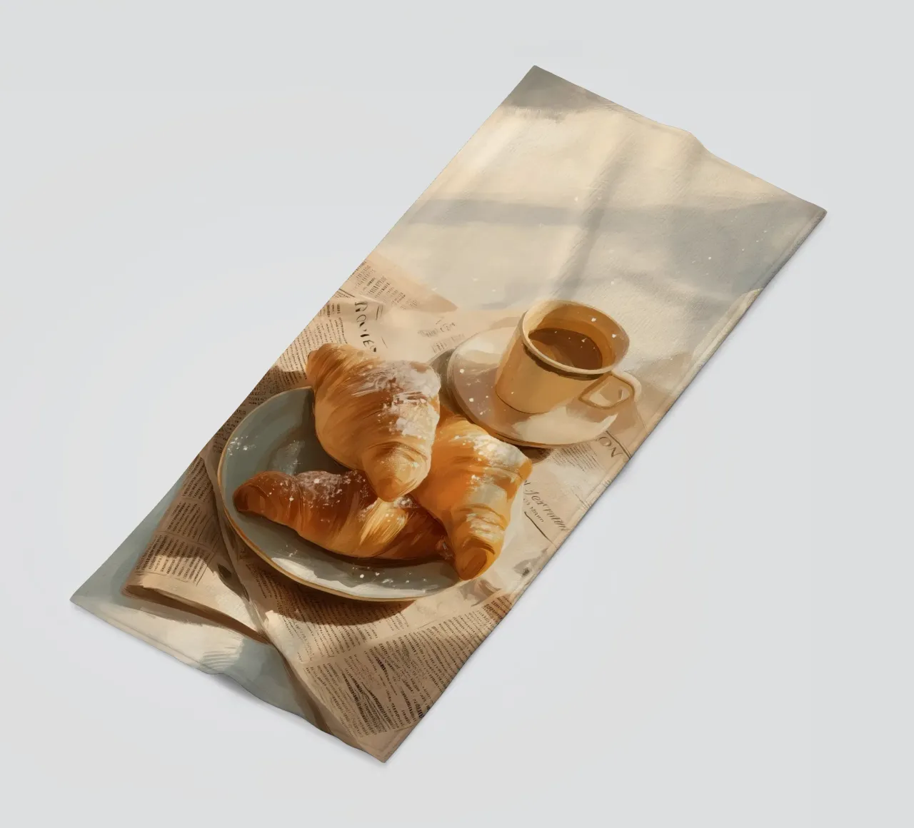 Croissant freschi e caffè in un accogliente momento invernale illuminato dal sole telo mare da Holiday Hearth Prints