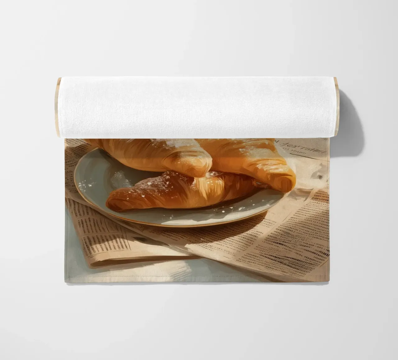 Croissant freschi e caffè in un accogliente momento invernale illuminato dal sole telo mare da Holiday Hearth Prints