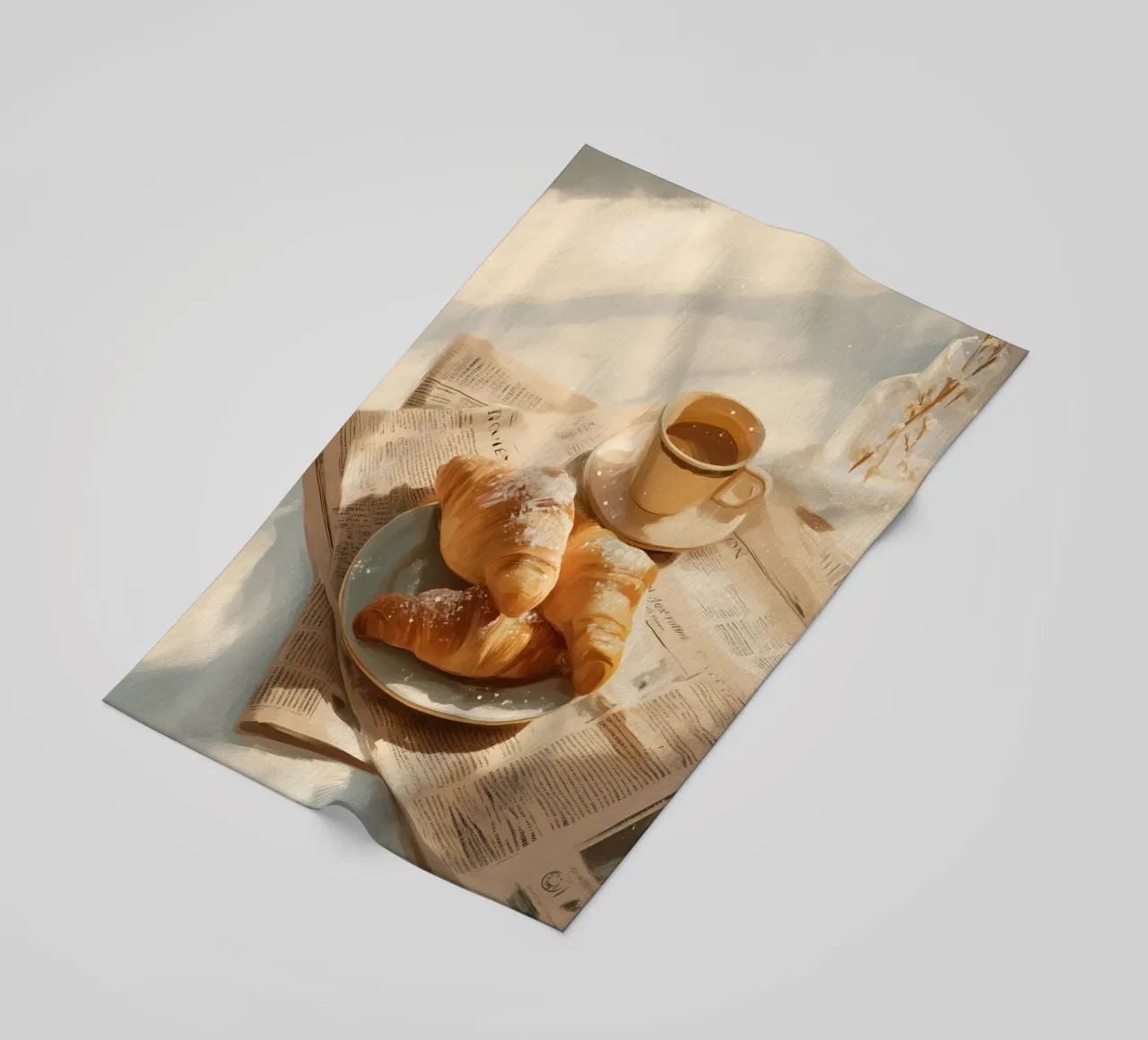 Croissant freschi e caffè in un accogliente momento invernale illuminato dal sole telo mare da Holiday Hearth Prints